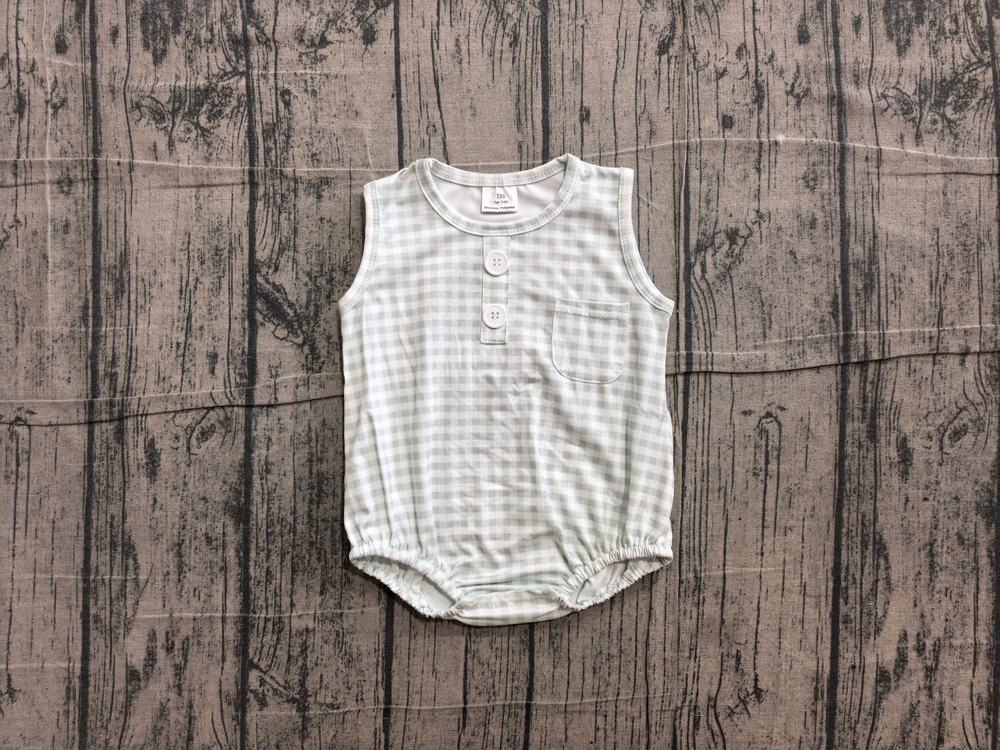 6.10 SR4234 Sample No Moq Baby Kids Sleeveless Light Green Checked Button Pocket Rompers