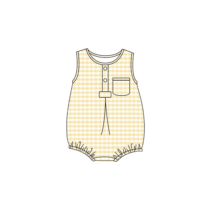4.24 Pre Order No moq Baby Kids Sleeveless Light Blue Checked Button Pocket Rompers
