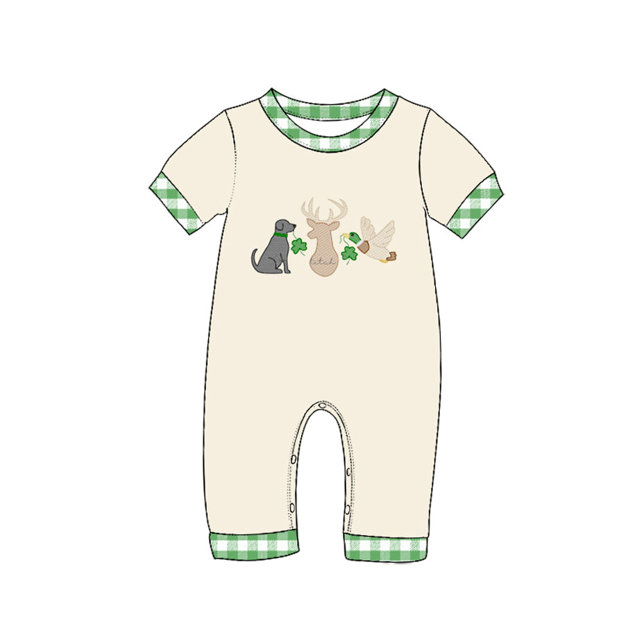 (Preorder new) No moq Baby Boys Dog Deer Duck Clover Embroidery Romper And Short Sleeve Top Pant Set