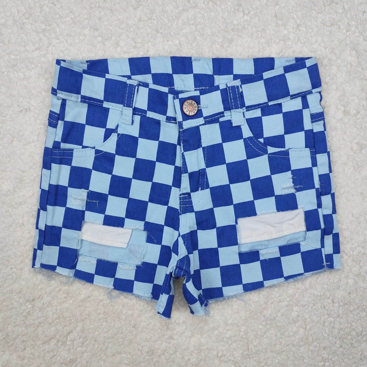 SS0093Baby Girls Blue Plaid Denim Shorts
