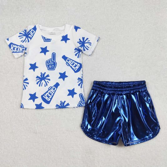 USA Shop (in stock)GT0941+SS0409Short-Sleeved Cheer Blue Team Shirts and Blue Elastic Waist Shorts for Girls