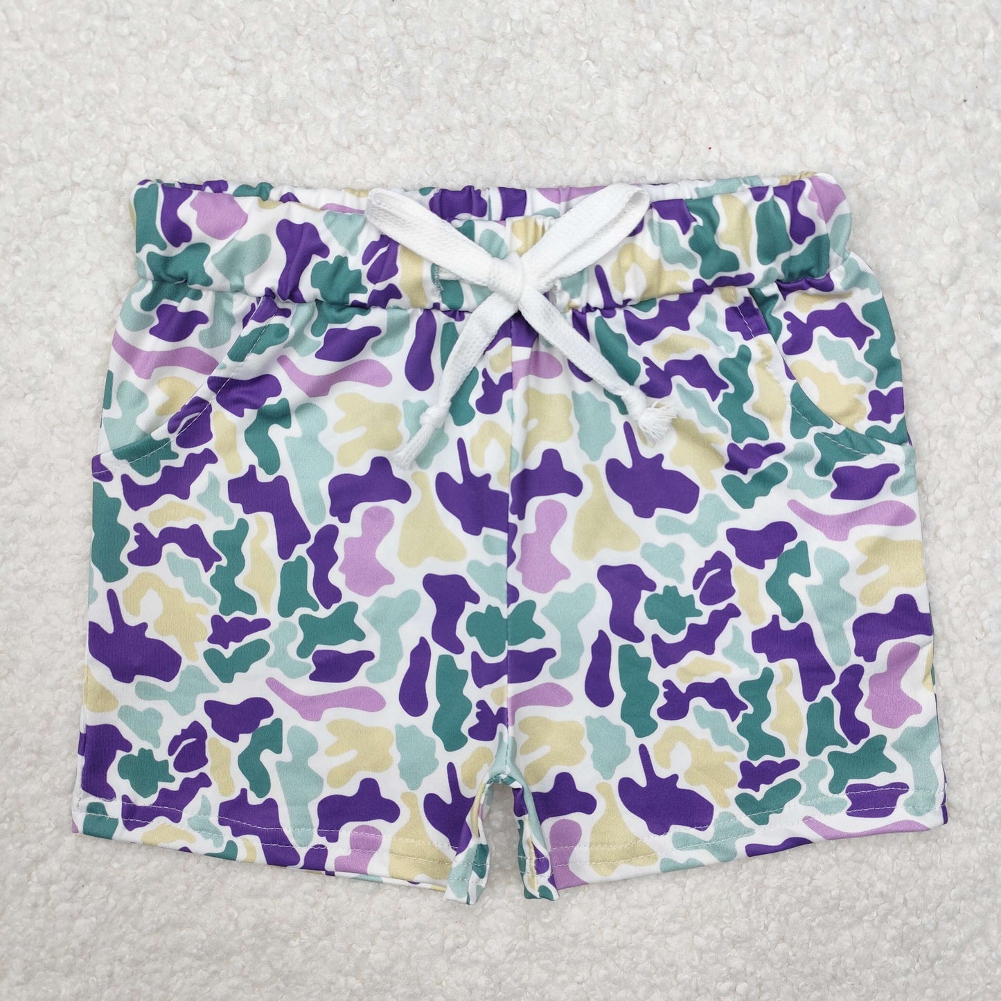 SS0433Purple yellow green camo kids boys Mardi Gras shorts