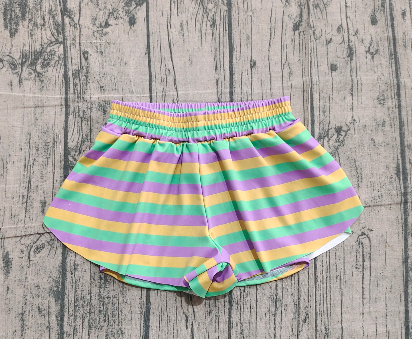 10.22 SS0685 Sample No Moq Yoga fabric Baby Girls Mardigras Stripes Yoga Ruffle Shorts Bottoms