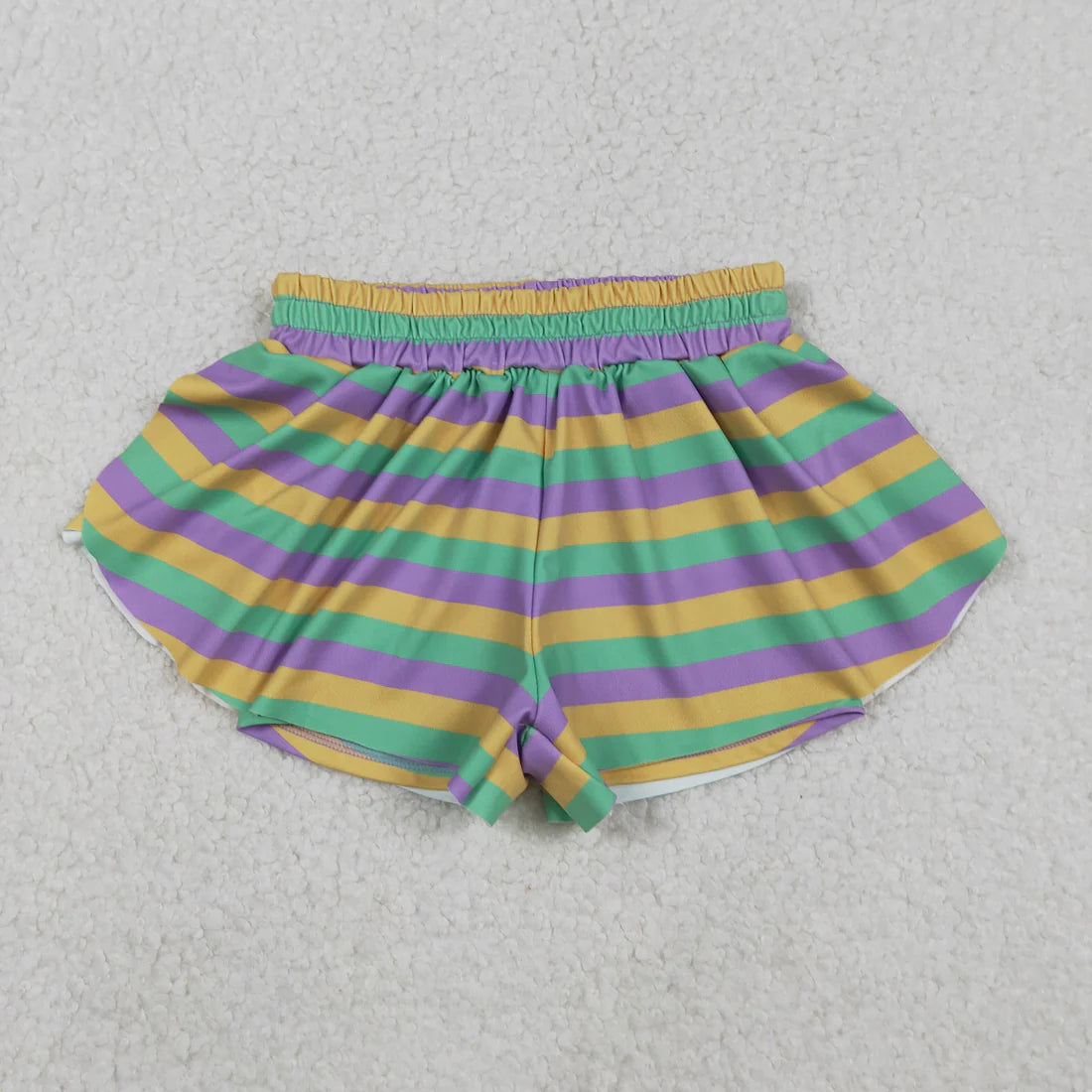 12.3 RTS Sibling Baby Girls Mardigras Bows Donuts Stripe Yoga Active Ruffle Shorts Bottom