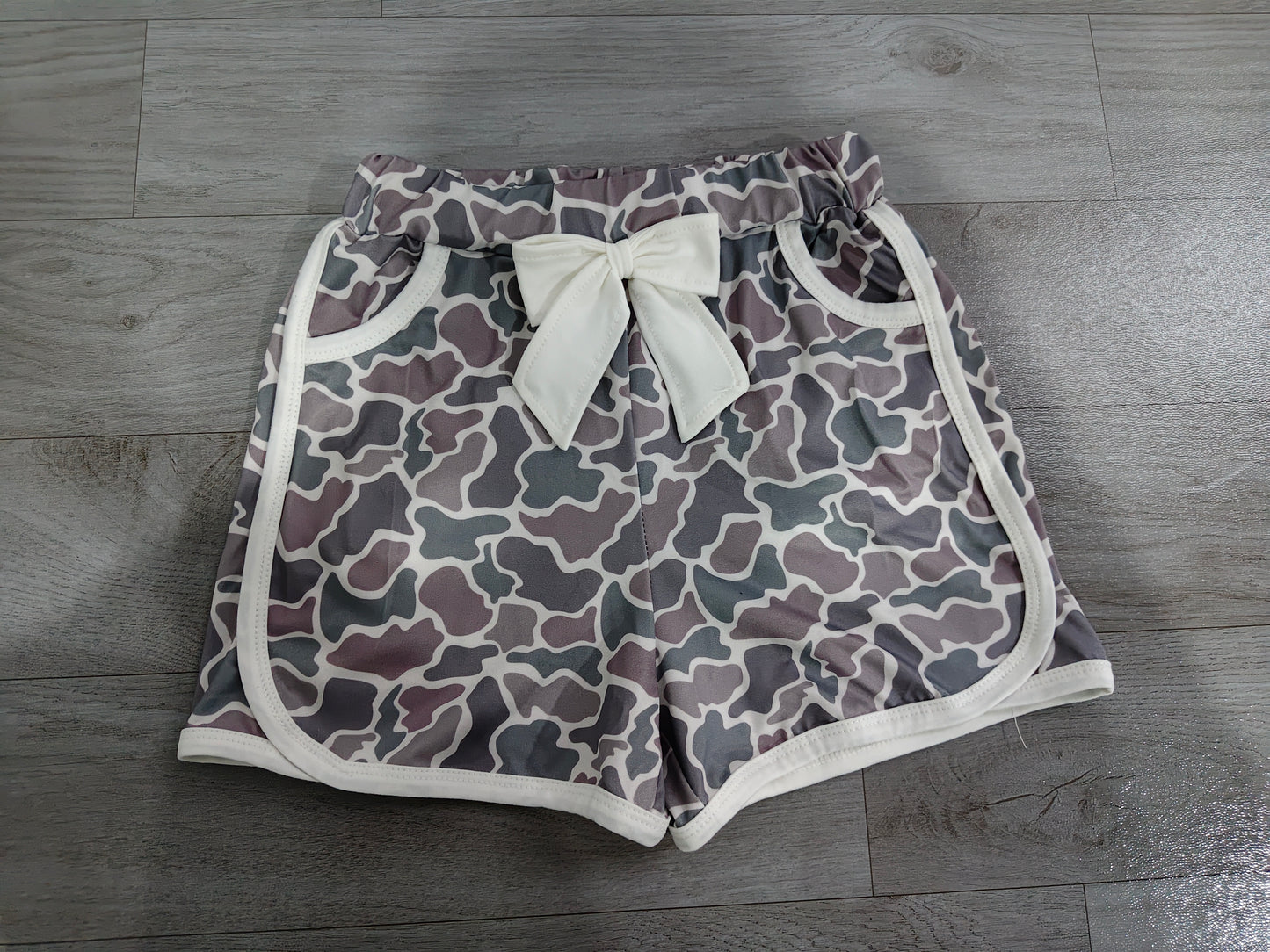 SS0688 Sample No Moq Baby Girls Dark Grey Camo Bow Pockets Shorts Bottoms