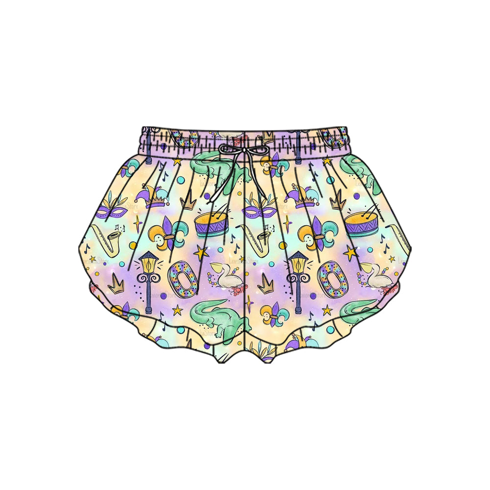 10.23 (Pre Order) No moq SS0702 PRE-ORDER Baby Girls Mardigras Masks Crocodiles Yoga Ruffle Shorts Bottom