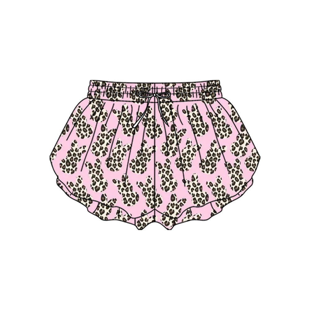 10.23 (Pre Order) No moq SS0716 PRE-ORDER Baby Girls Pink Leopard Rabbits Easter Yoga Ruffle Shorts Bottom