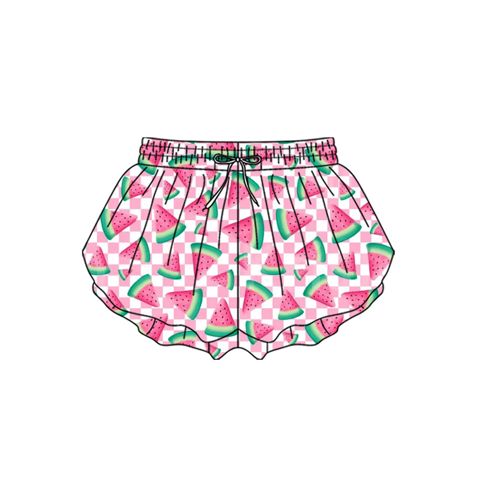 2.2 SS0849 Pre order No Moq Yoga fabric Baby Girls Pink Checked Watermelons Yoga Active Ruffle Shorts Bottom