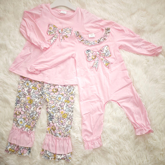 10.23 RTS Sibling Embroidery Floral Bows Baby Girls Ruffle Pants Clothes Footie Rompers