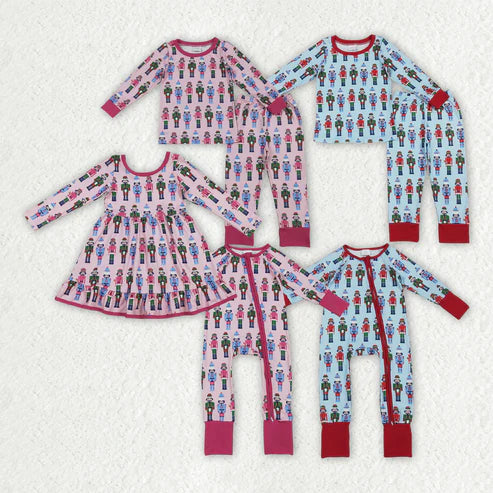 9.20 RTS Sibling Baby Boys Girls Soldiers Checked Christmas Ruffle Knee Length Dress Pajamas Sets Footie Rompers