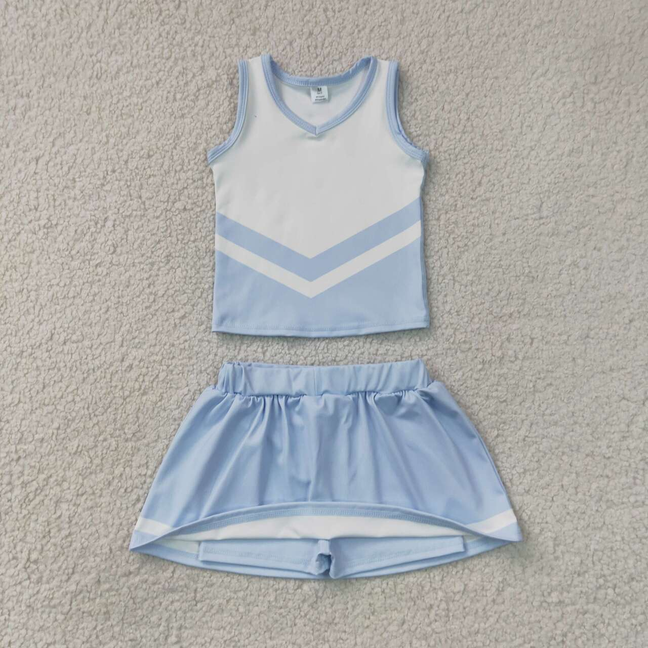 GSD4188 RTS NO MOQ (In stock)Sleeveless white light blue top skirt girls team cheer active set