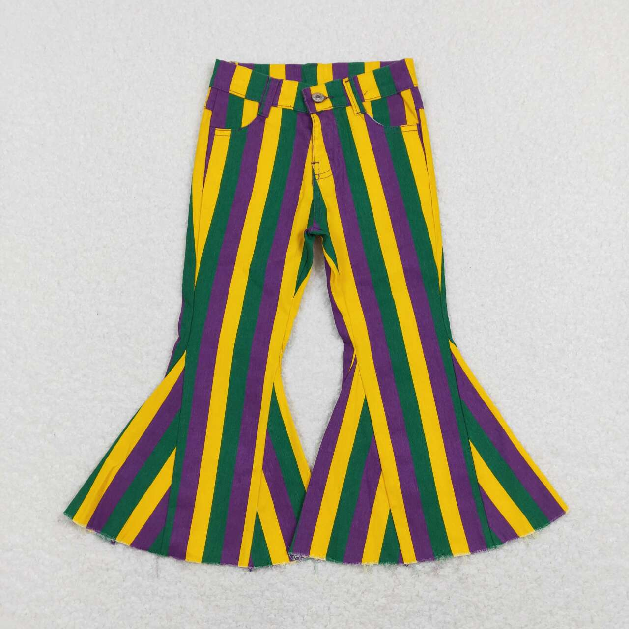 Adults women and Baby Girls green, yellow and purple vertical striped denim flared pants