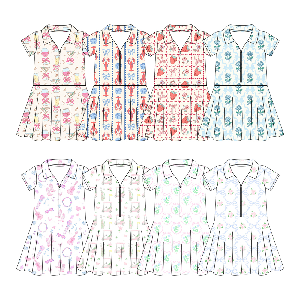 6.12 Pre order Baby Girls Short Sleeves Pink Flowers Golf Zipper Knee Length Dresses