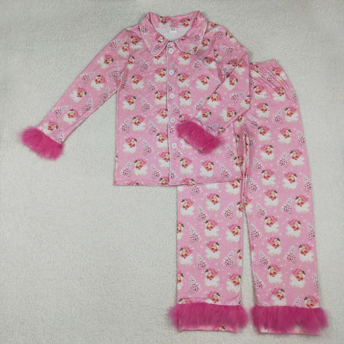 10.11 RTS Sibling Adult Women Bows Santa Trees Button Top Pants Christmas Fur Pajamas Sets