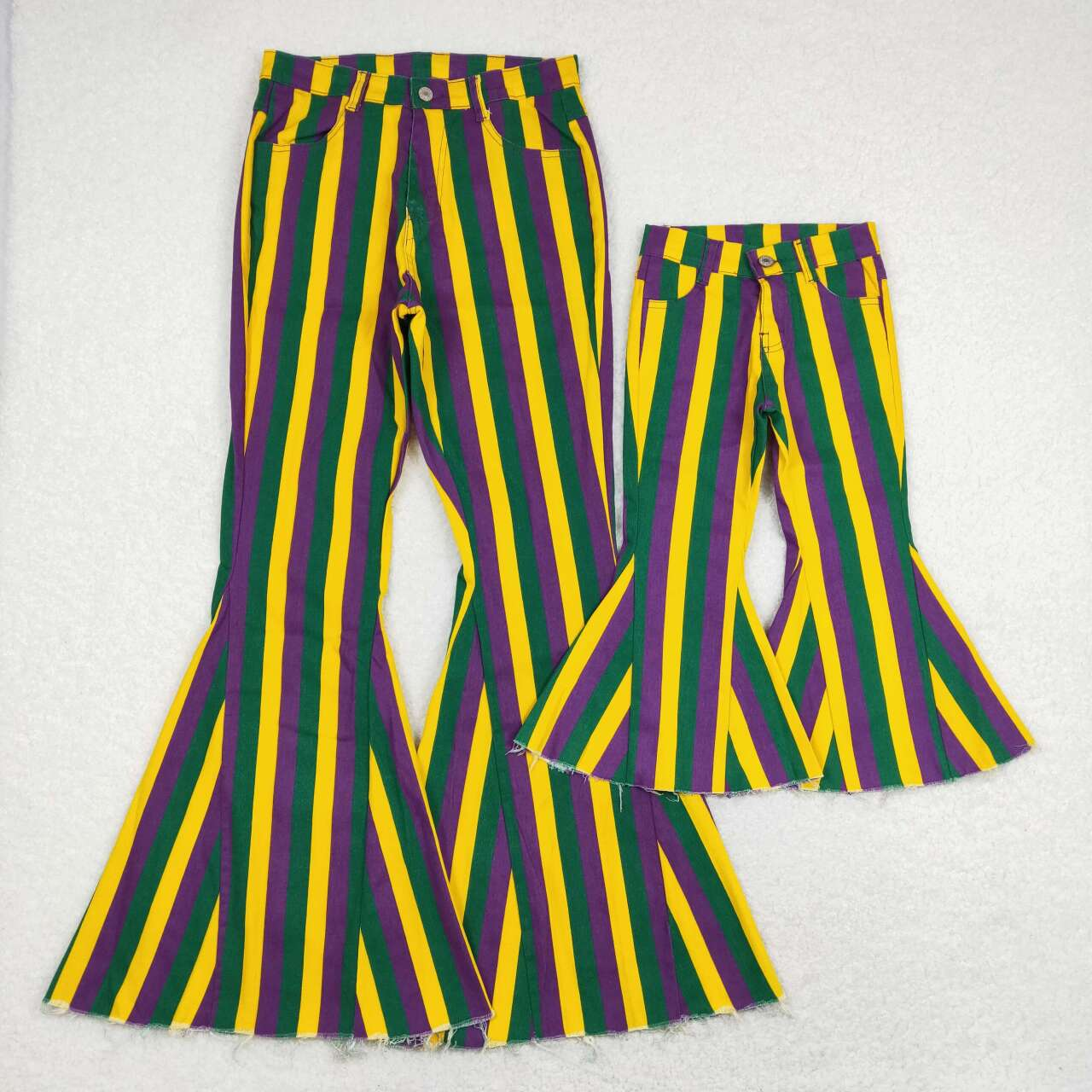 Adults women and Baby Girls green, yellow and purple vertical striped denim flared pants