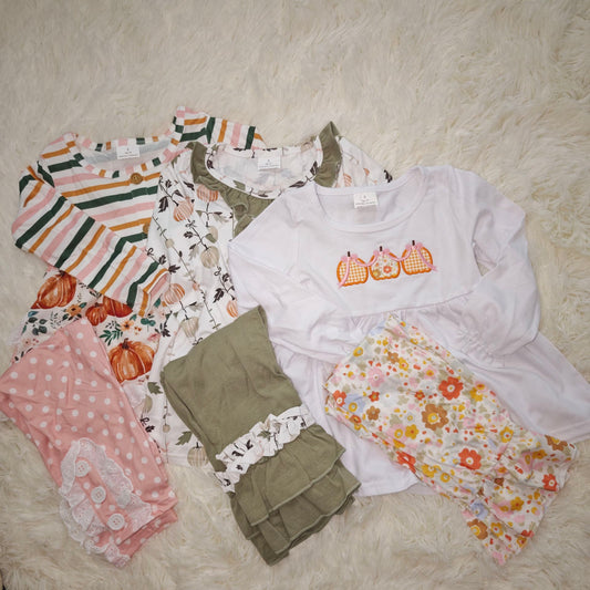 10.16 RTS Sibling Baby Girls Pumpkins Long Sleeve Top Tunic Leggings Bell Bottom Pant Clothes Sets