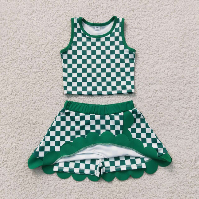 GSD4178 RTS NO MOQ (In stock)Baby Girls Green Checked Vest Top Scallop Skirt Short Yoga Active Clothes Set