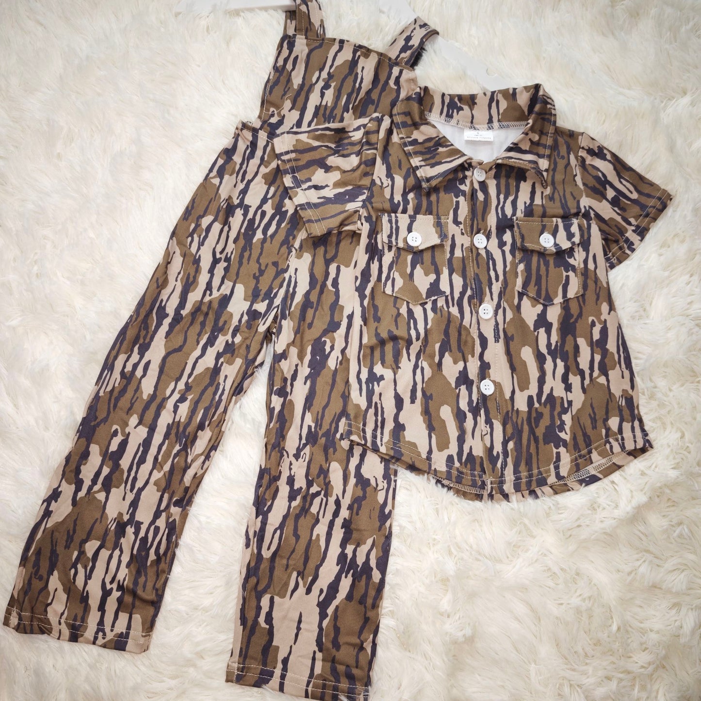 10.20 RTS Sibling Baby Boys Girls Southern Camo Straps Pant Jumpsuits Button Pockets Shirts Tops Clothes