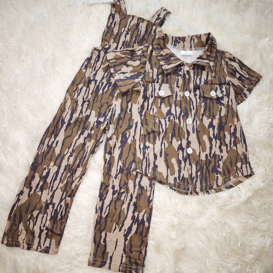 10.20 RTS Sibling Baby Boys Girls Southern Camo Straps Pant Jumpsuits Button Pockets Shirts Tops Clothes