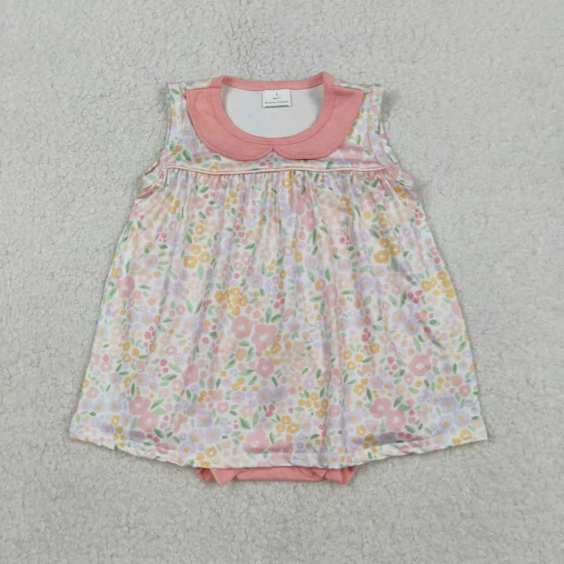 1.10 RTS Sibling Baby Girls Sleeveless Peach Flowers Collar Knee Length Dress Tunic Ruffle Rompers