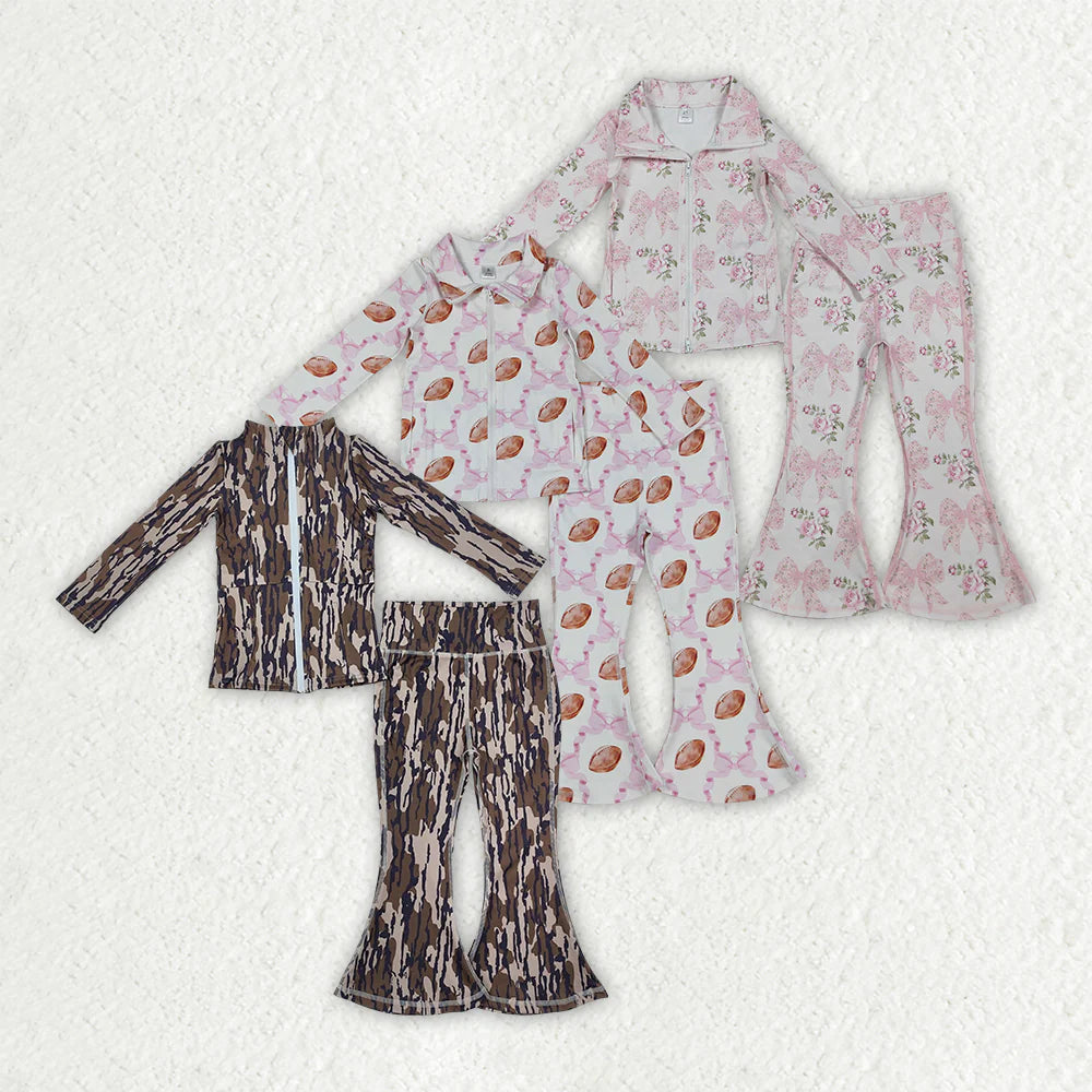 9.22 RTS Sibling Baby Girls Floral Footballs Bottomland Camo Pullovers Jeckets Bell Bottom Pants Yoga Active Clothes Sets