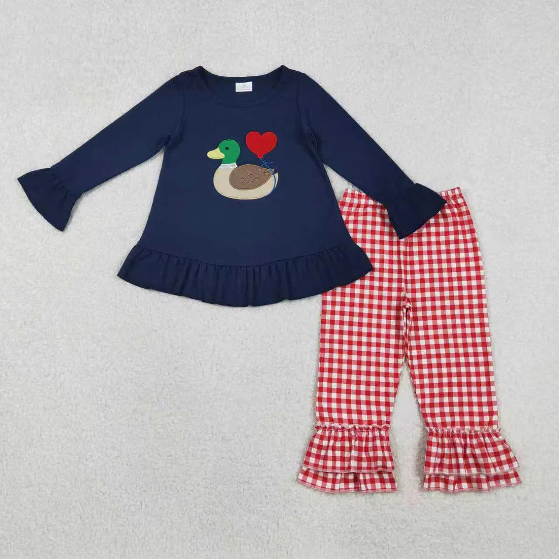 11.25 RTS Sibling Baby Boys Girls Embroidery Duck Hearts Red Checked Pant Valentines Clothes Sets Footie Rompers