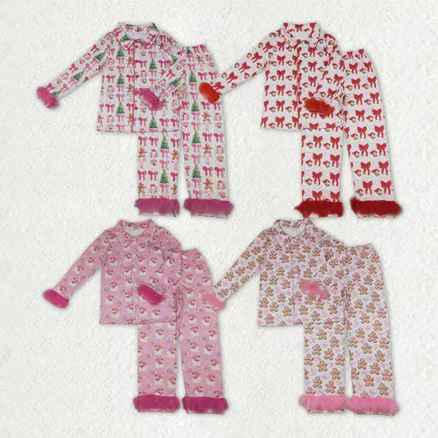 10.11 RTS Sibling Adult Women Bows Santa Trees Button Top Pants Christmas Fur Pajamas Sets