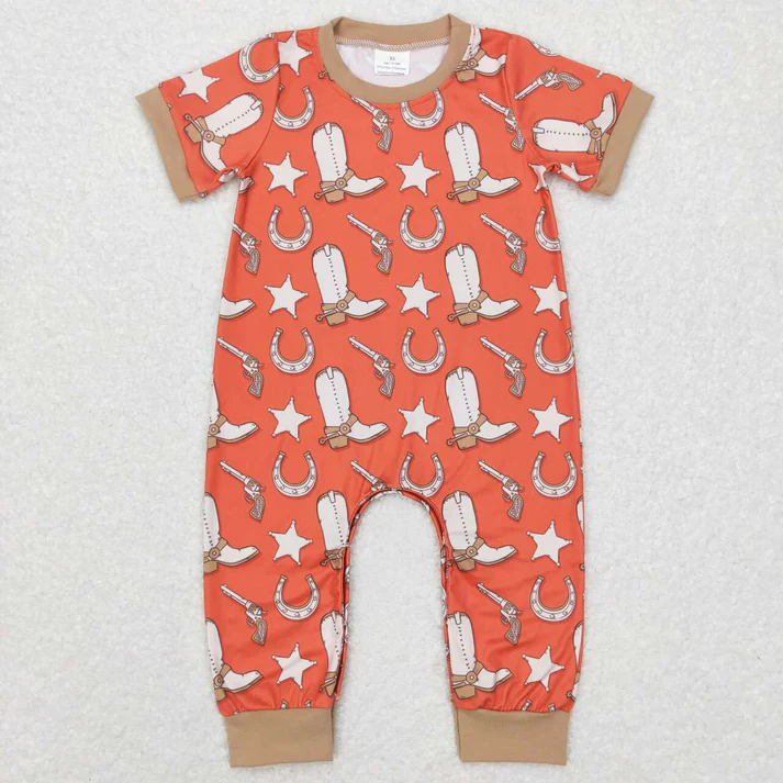 Baby Boys Western Cowboy Hat - Bull Head Pattern Short Sleeve Long Romper