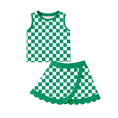 GSD4178 Pre order No Moq No Moq Baby Girls Summer Green Checked Vest Scallop Yoga Skirt Set