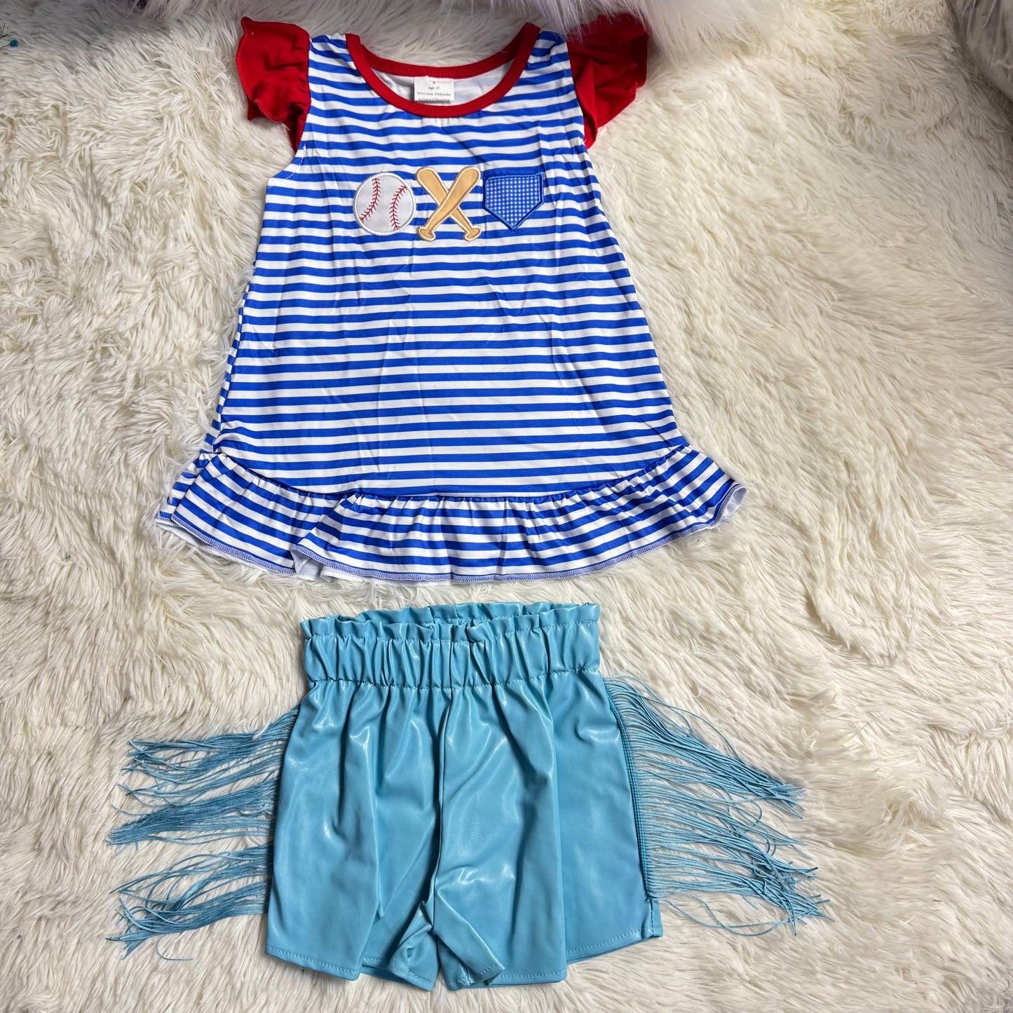 1.6 RST GT0560 + SS0241 Baby Girls Blue Stripes Baseball Flutter Sleeve Tunic Top Blue Tassel Pleather Shorts