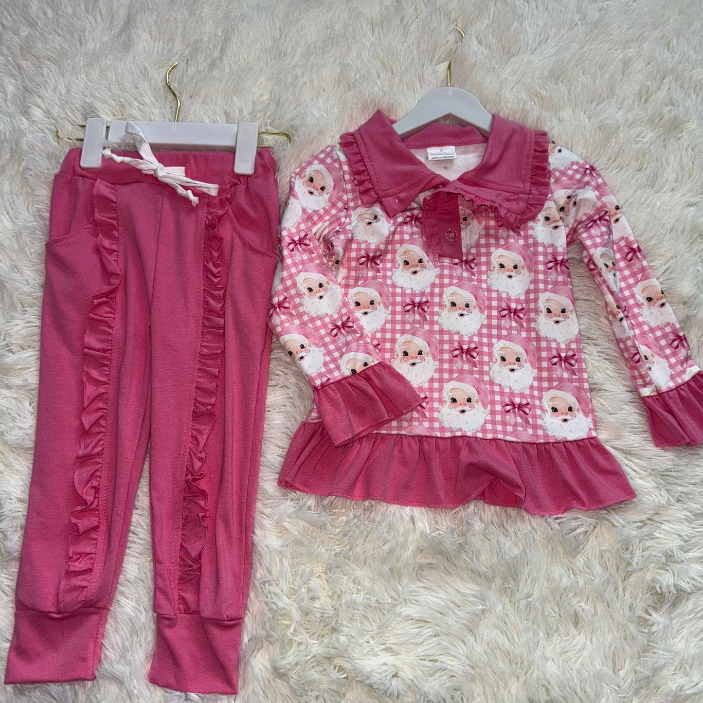11.6 RST GLP2881 Baby Girls Pink Checked Santa Button Top Pockets Pants Christmas Clothes Sets