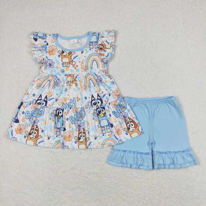 Baby Girls Colorful Puppy Pattern Fly Sleeve Top Lace-Up Shorts Set