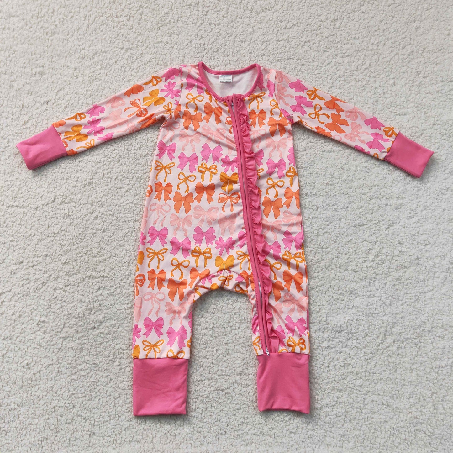LR2567 RTS NO MOQ (In stock)Baby Girls Cute Pink Bow Plaid Printed Long Sleeve Two Way Zip Ruffle Convertible Rompers