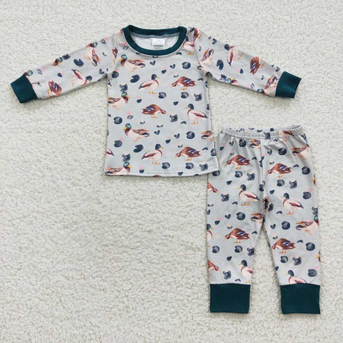9.26 RTS Sibling Baby Boys Ducks Plaid Pajamas Sets Zipper Footed Rompers