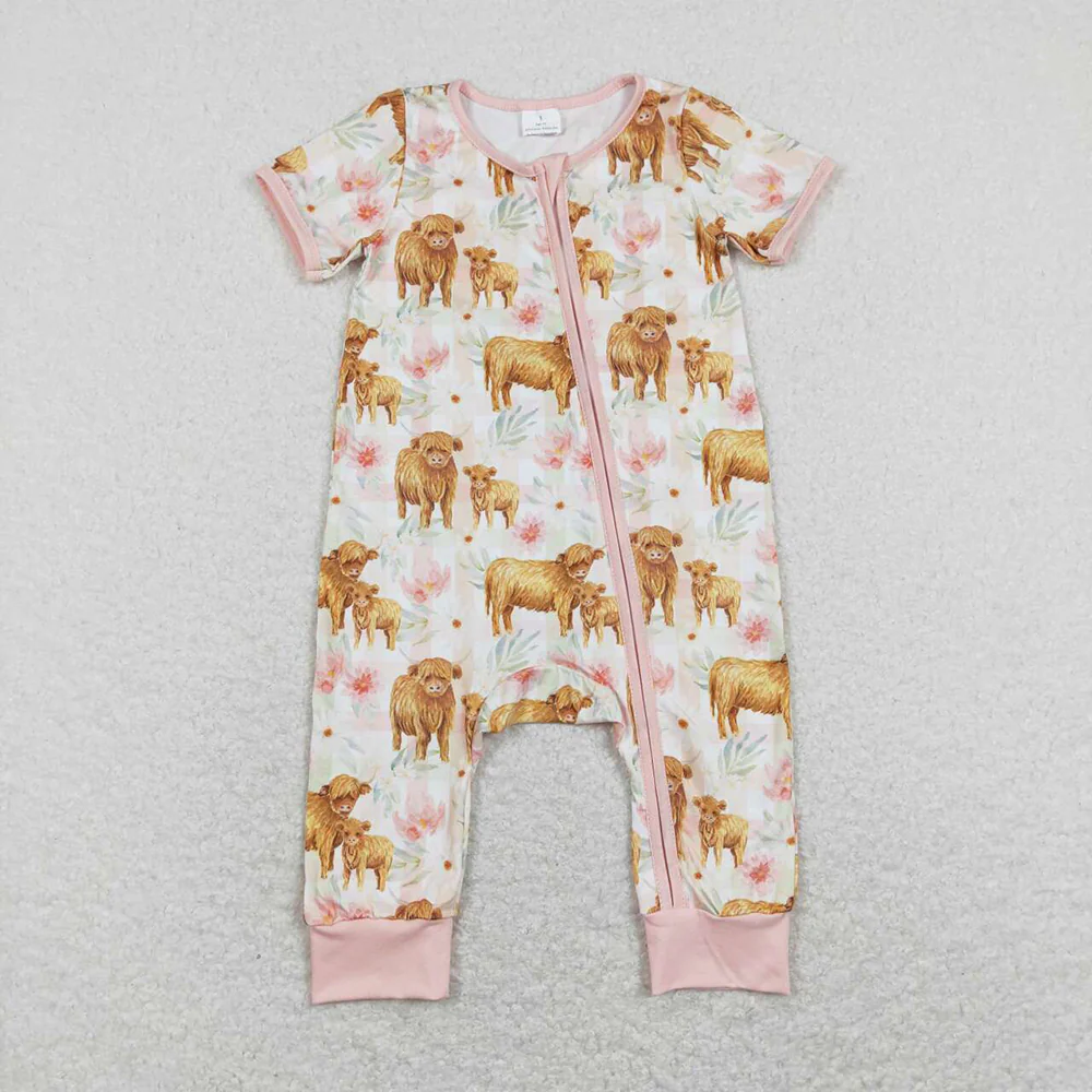 Sibling Boys Baby Infant Girls Cows Short Sleeve Zip Rompers