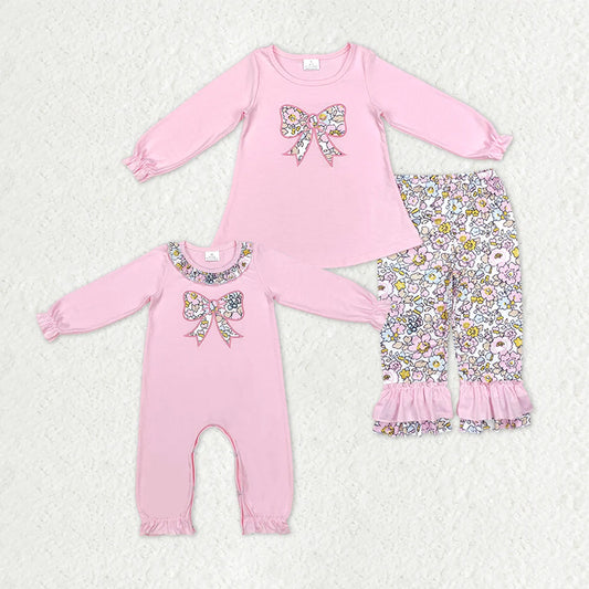 10.20 RTS Sibling Embroidery Floral Bows Baby Girls Ruffle Pants Clothes Footie Rompers