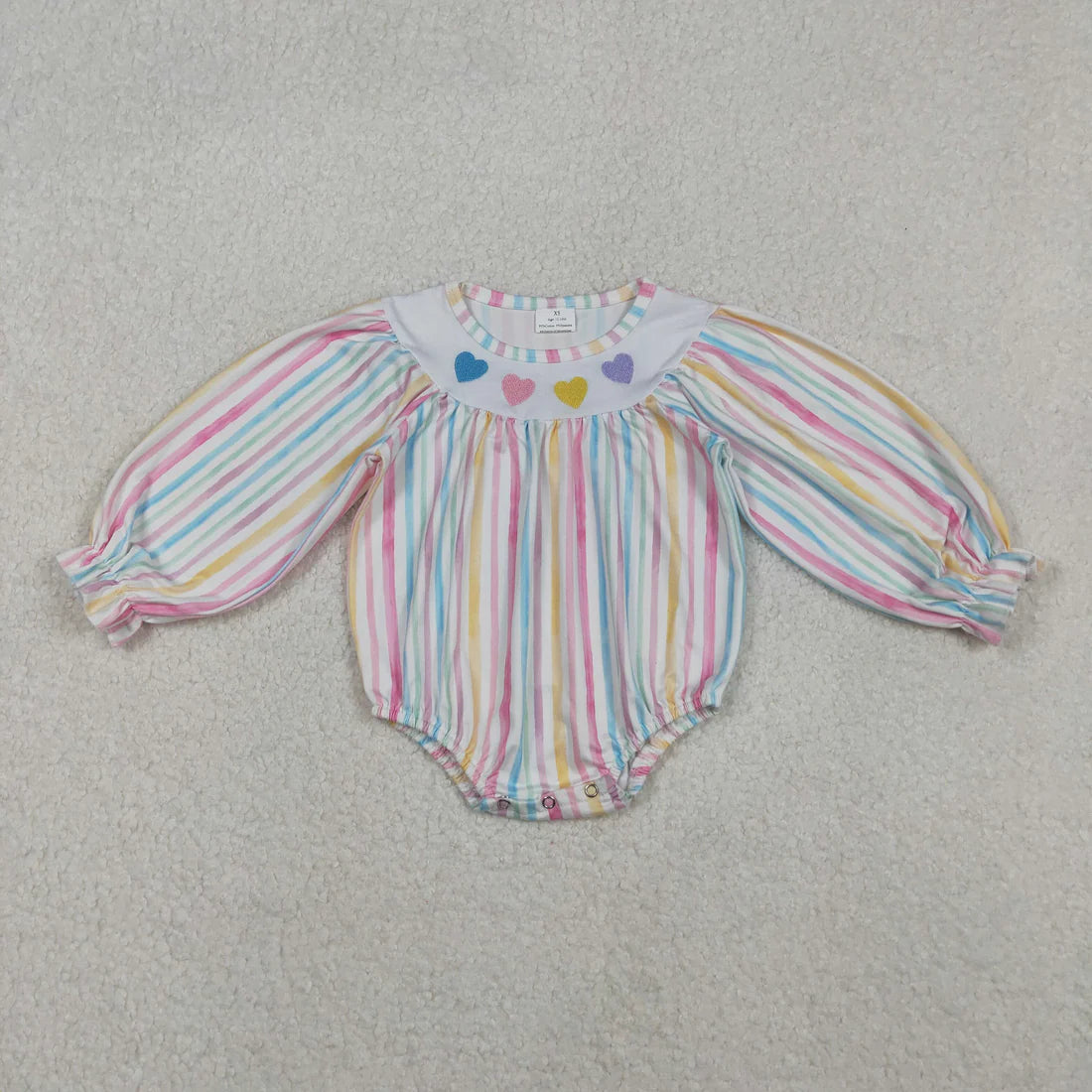 11.7 RTS Sibling Baby Girls Colorful Stripe Embroidery Hearts Ruffle Sleeve Knee Length Dress Rompers