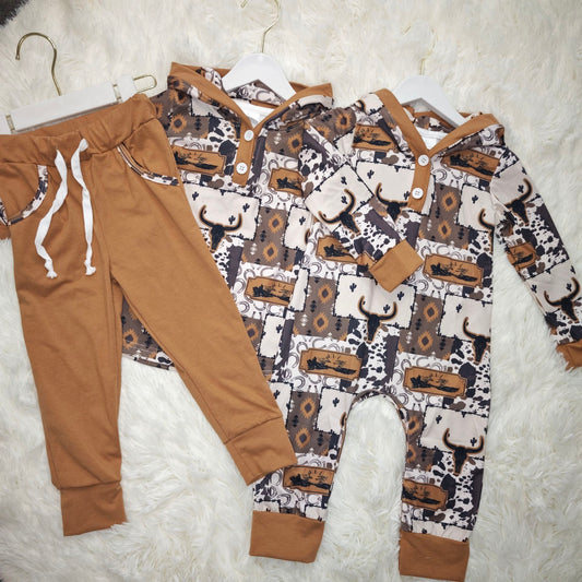 10.21 RTS Sibling Baby Boys Aztec Bull Skull Western Clothes Sets Hoodies Footie Rompers