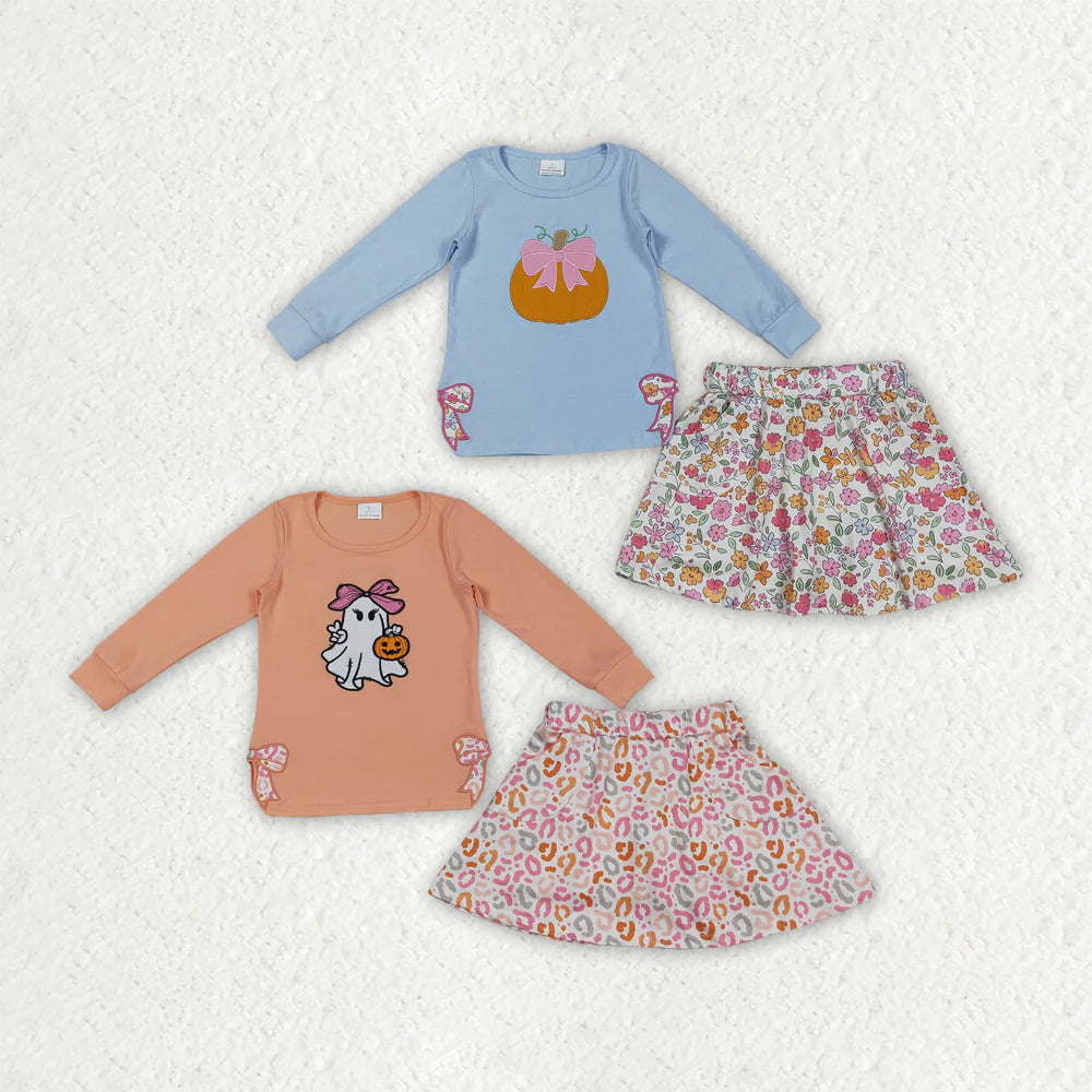 9.22 RTS Sibling Embroidery Bows Ghosts Pumpkins Baby Girls Shirts Top Flowers Leopard Skorts Fall Clothes Sets