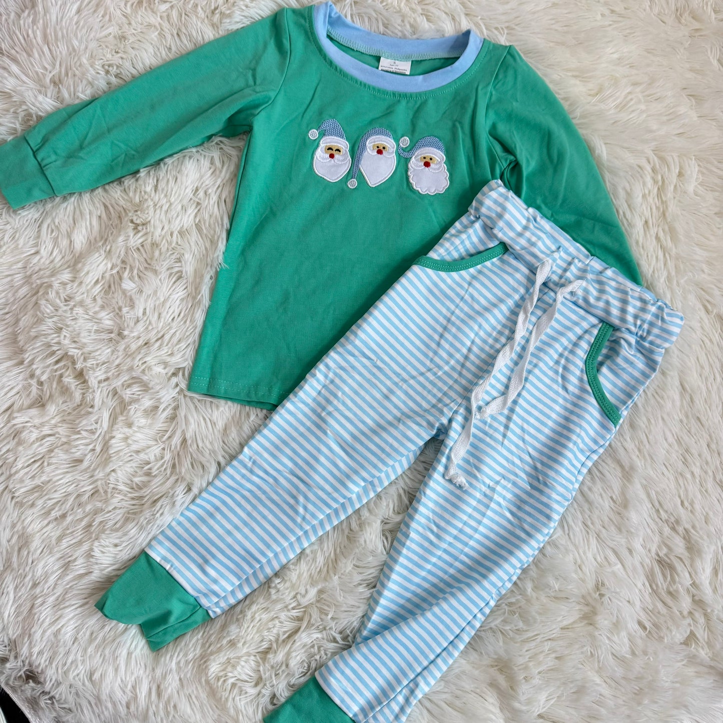 11.27 RST BLP1168 Embroidery Santa Baby Boys Green Top Stripe Pockets Legging Christmas Set