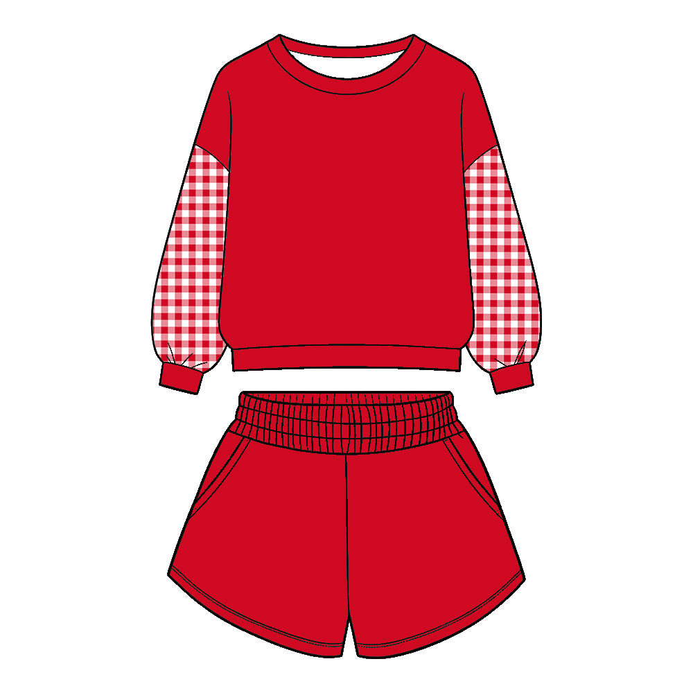(Preorder new) No moq cotton fabric Baby Girls And Adult Solid Color Long Sleeve Top Shorts Outfit Set