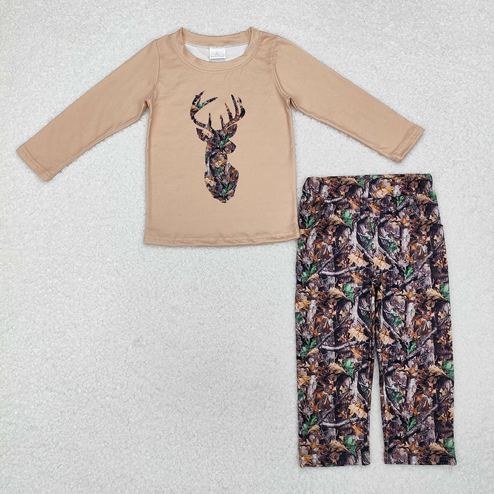 Baby Boys and Girls Dead Leaf Elk Brown Long Sleeve Top Camouflage Pants Set