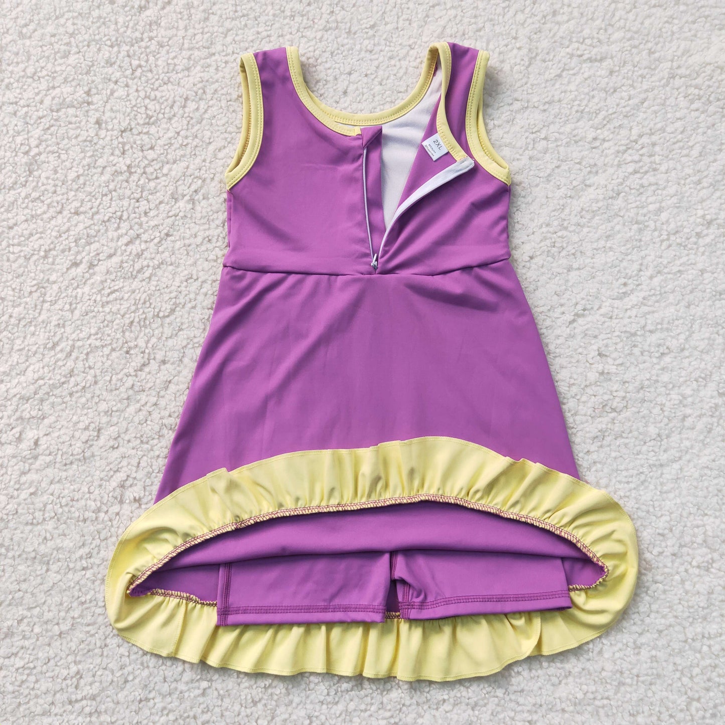 GSD4147 RTS NO MOQ (In stock)Sleeveless purple yellow scallop kids girls team athletic dress