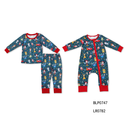 BLP0747 LR0782 Baby Boys Christmas cartoon mouse pattern dark green long-sleeved trousers suit & romper