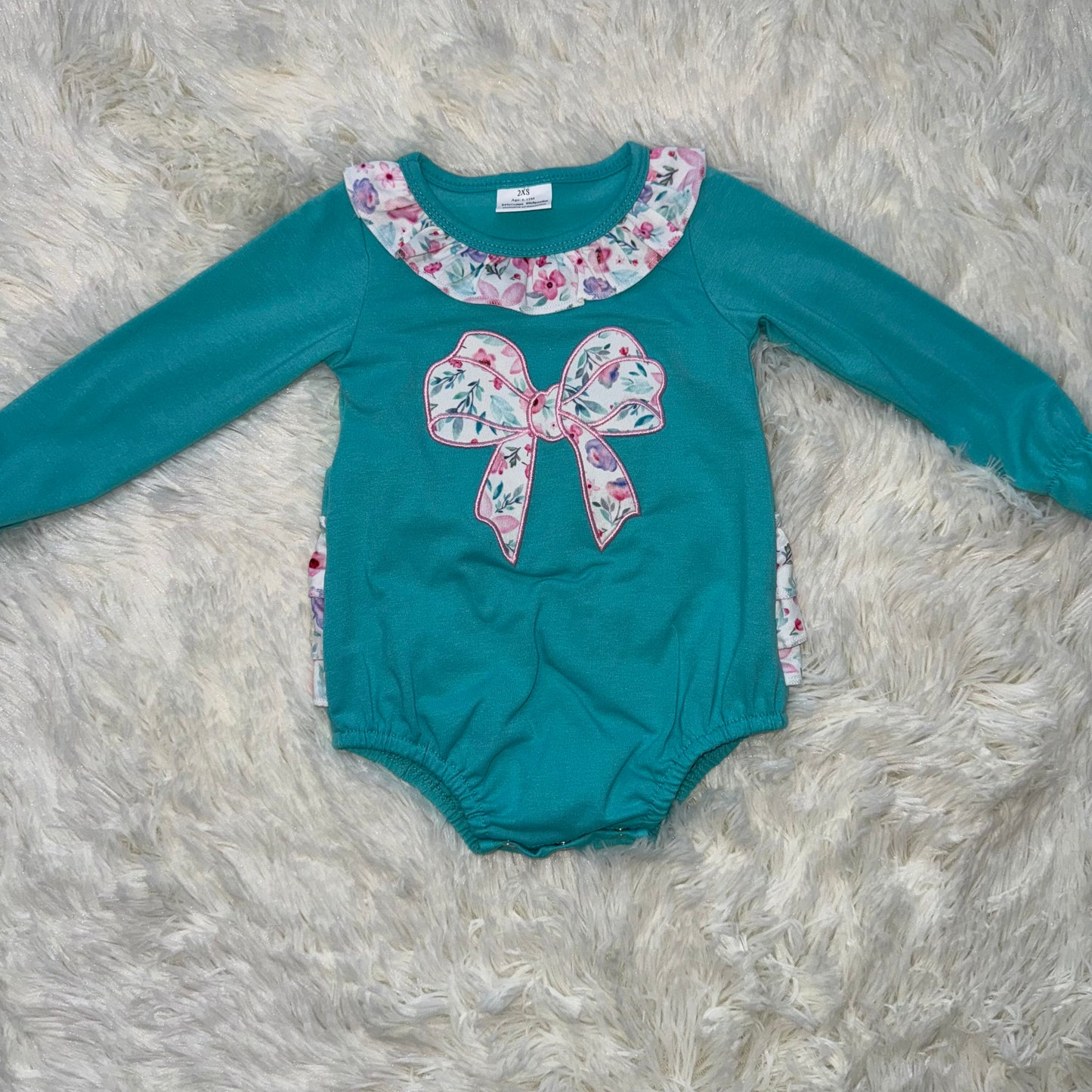 10.29 RST LR2432 Embroidery Floral Bows Baby Girls Ruffle Collar Bubbly Rompers