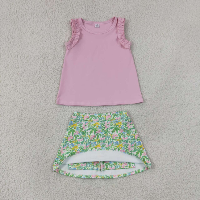 GSD4217(GT1701+GLK0311) RTS NO MOQ (In stock)Yoga Baby Girls Light Pink Cotton Sea World Print Tunic Top Scallop Skort Two Piece Yoga Active Clothes Set