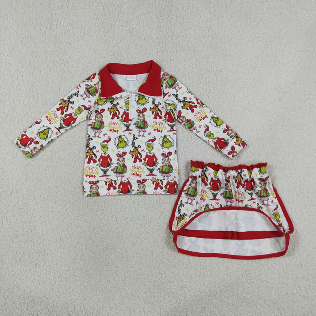 GLD1608 RTS NO MOQ (In stock)Green face gift pullover skirt girls Christmas outfit