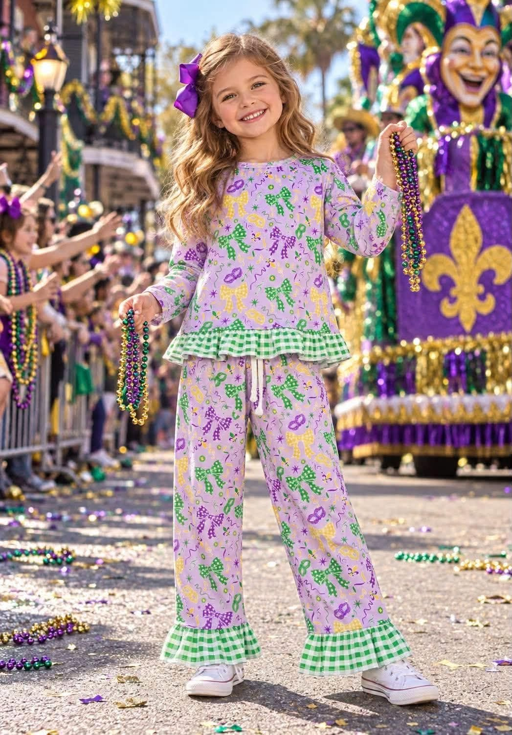 (Preorder new) No moq Baby Girls Bow Print Crew Neck Sweatshirt Pants And Ruffle Hem Top Pants Outfit