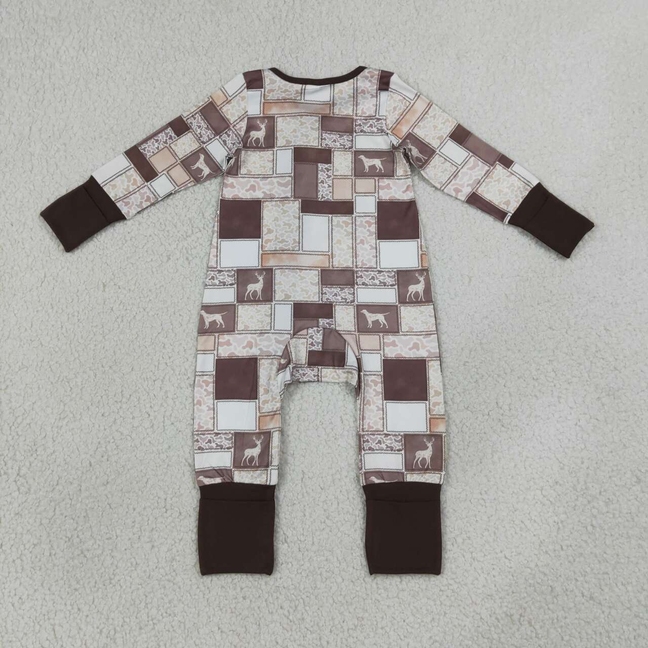 LR3118 RTS NO MOQ (In stock)Baby Boys Wild Ducks Dogs Deer Animal Camo Print Two Way Full Zip Convertible Long Sleeve Romper