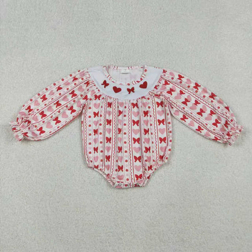 10.16 RTS Sibling Embroidery Hearts Bows Baby Girls Valentine Knee Length Dresses Ruffle Rompers